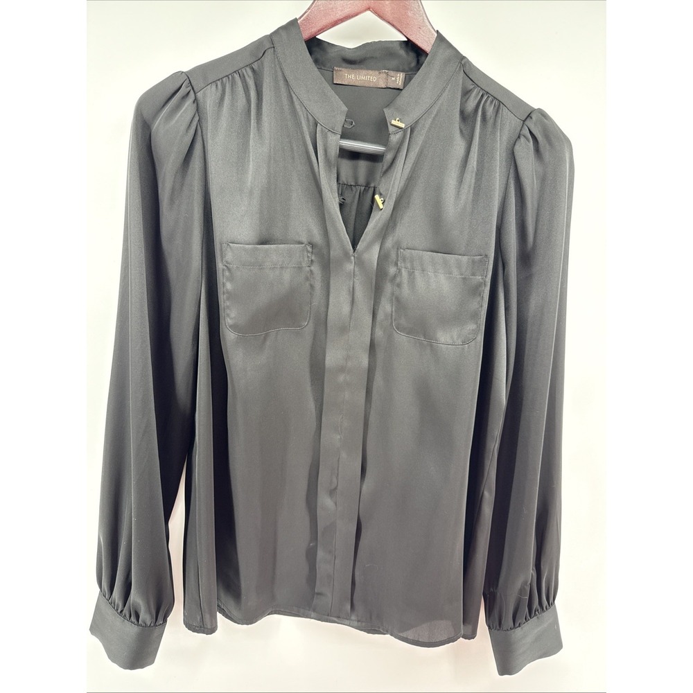 The Limited‎ Black Dress Blouse Size Medium Long Sleeve Breast Pockets